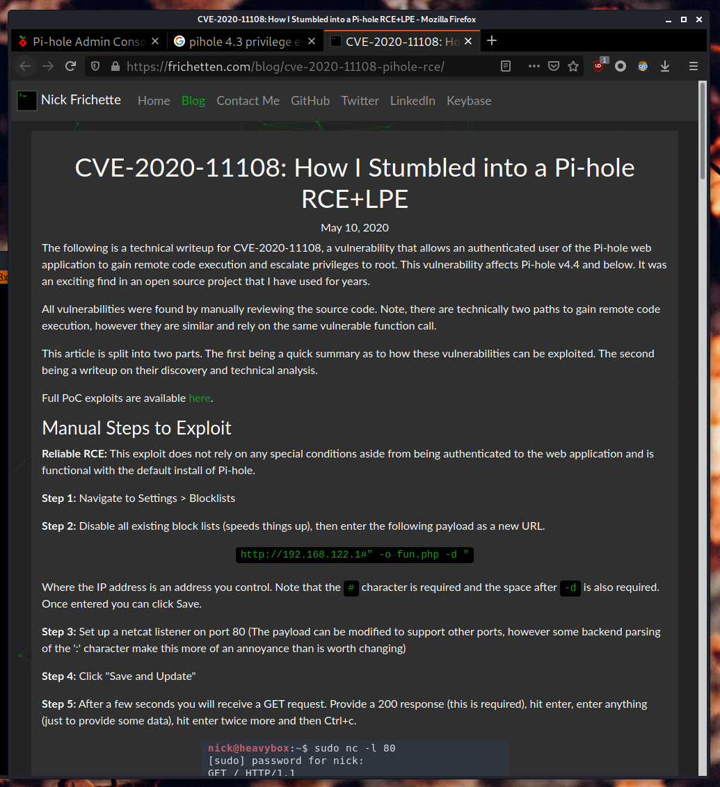 A blogpost about CVE-2020-11108, a Pi-hole RCE+LPE vulnerability