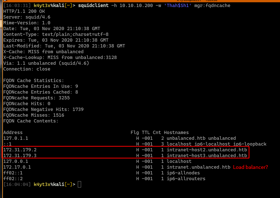Squid fqdncache page showing FQDN to IP address mappings in the cache